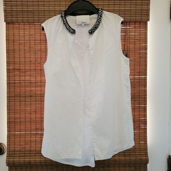 Phillip Lim white top shirt beaded black collar - Picture 2 of 10